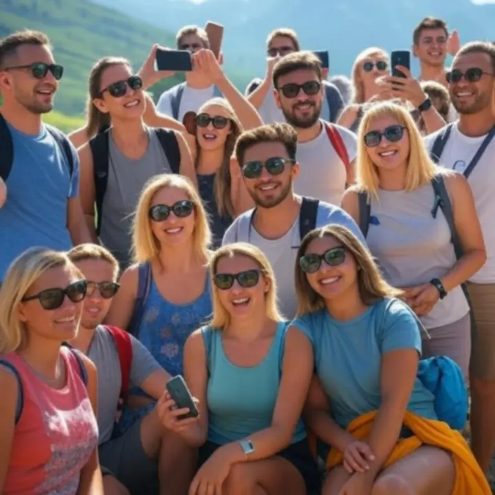 Panoramiczny widok na podróżników odkrywających malowniczą destynację