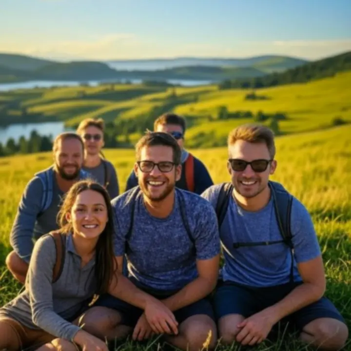 Panorama polskiego krajobrazu z radosnymi podróżnikami