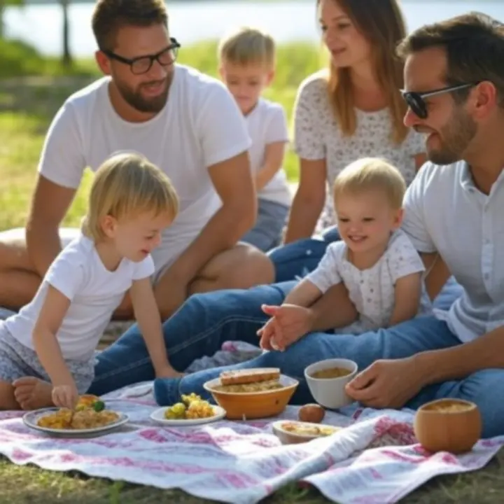Rodzina odpoczywająca nad jeziorem na Mazurach podczas wakacji